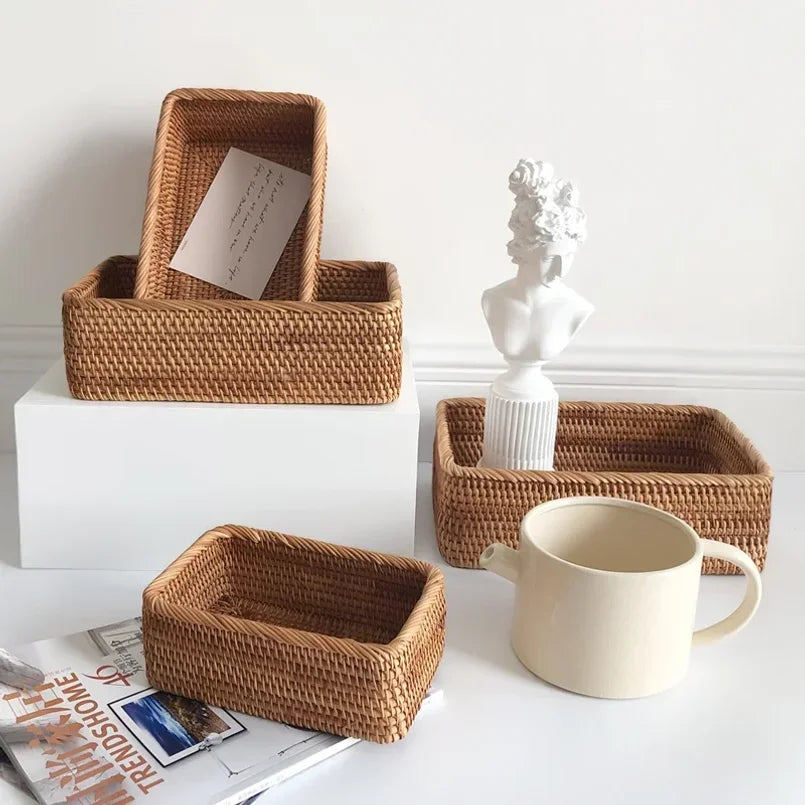 Hand-Woven Rattan Wicker Rectangular Storage Basket