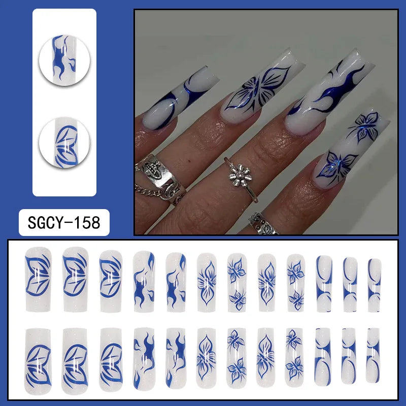 24Pcs Press On Nails with Glue – Long Acrylic False Nail Tips