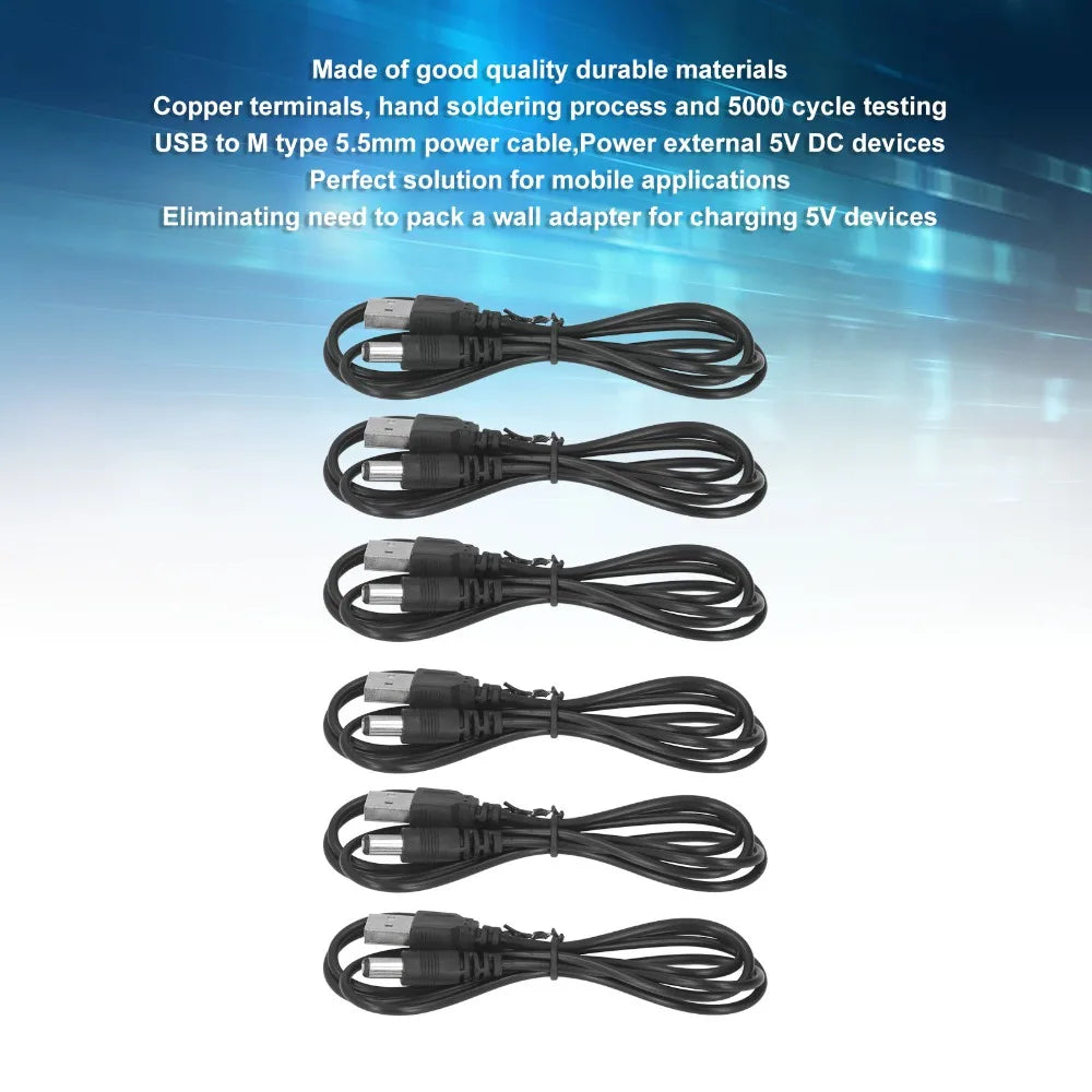 6-Pack USB to DC 5.5mm Power Cable 5V 3.3ft | USB-A Barrel Jack
