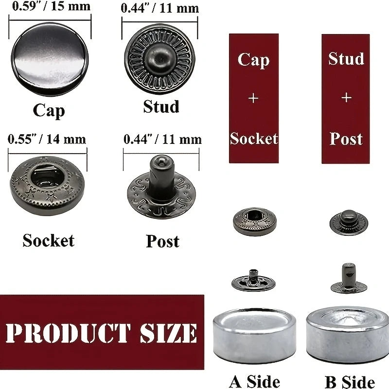 12 Sets Brass 15mm Snap Fasteners Kit – Metal Press Studs