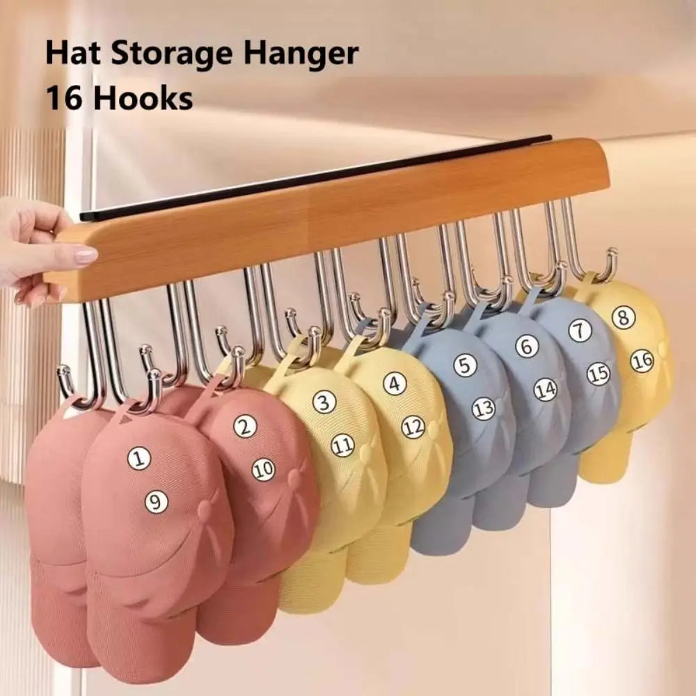 Wood Hat Organizer Rack – 16 Hook Retractable Hanger