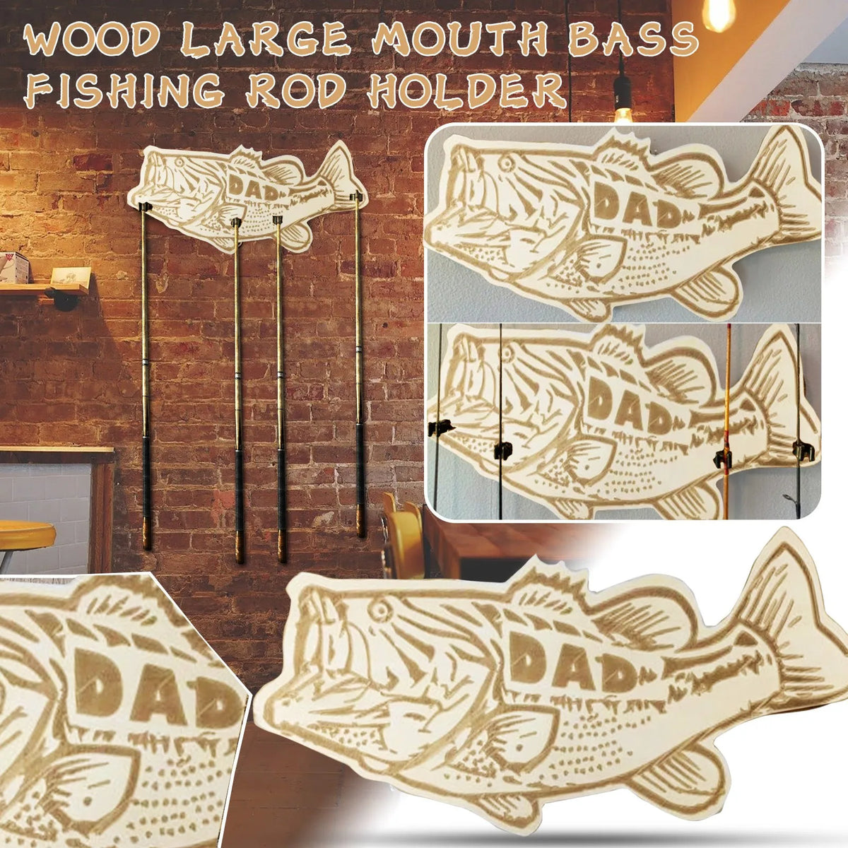 Wooden Bass Rod Holder Wall Mount Fishing Rack – Holds 6 Rods