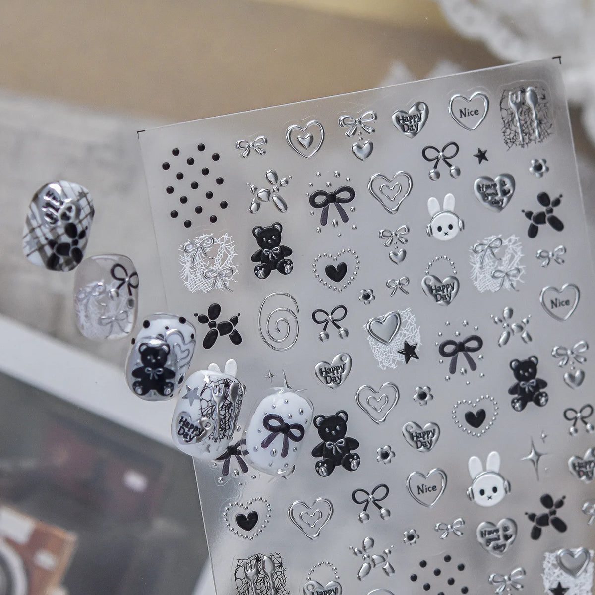 Retro Sweet Nail Stickers – Bear, Bow, Lace & Star Decals
