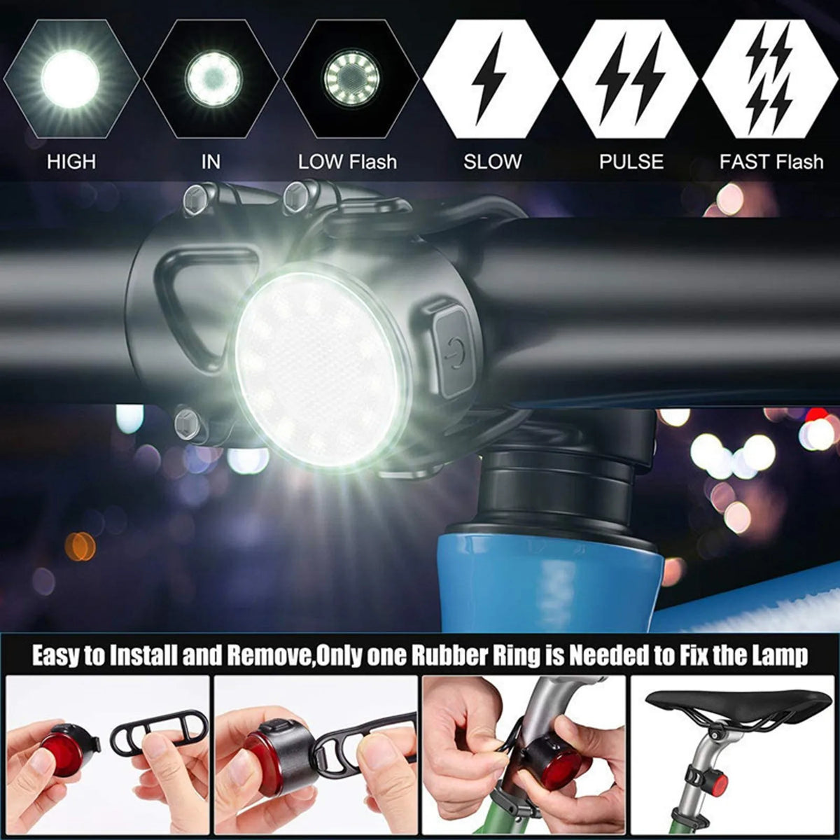 USB Rechargeable Front & Rear Bike Light Set – 6 LED Modes