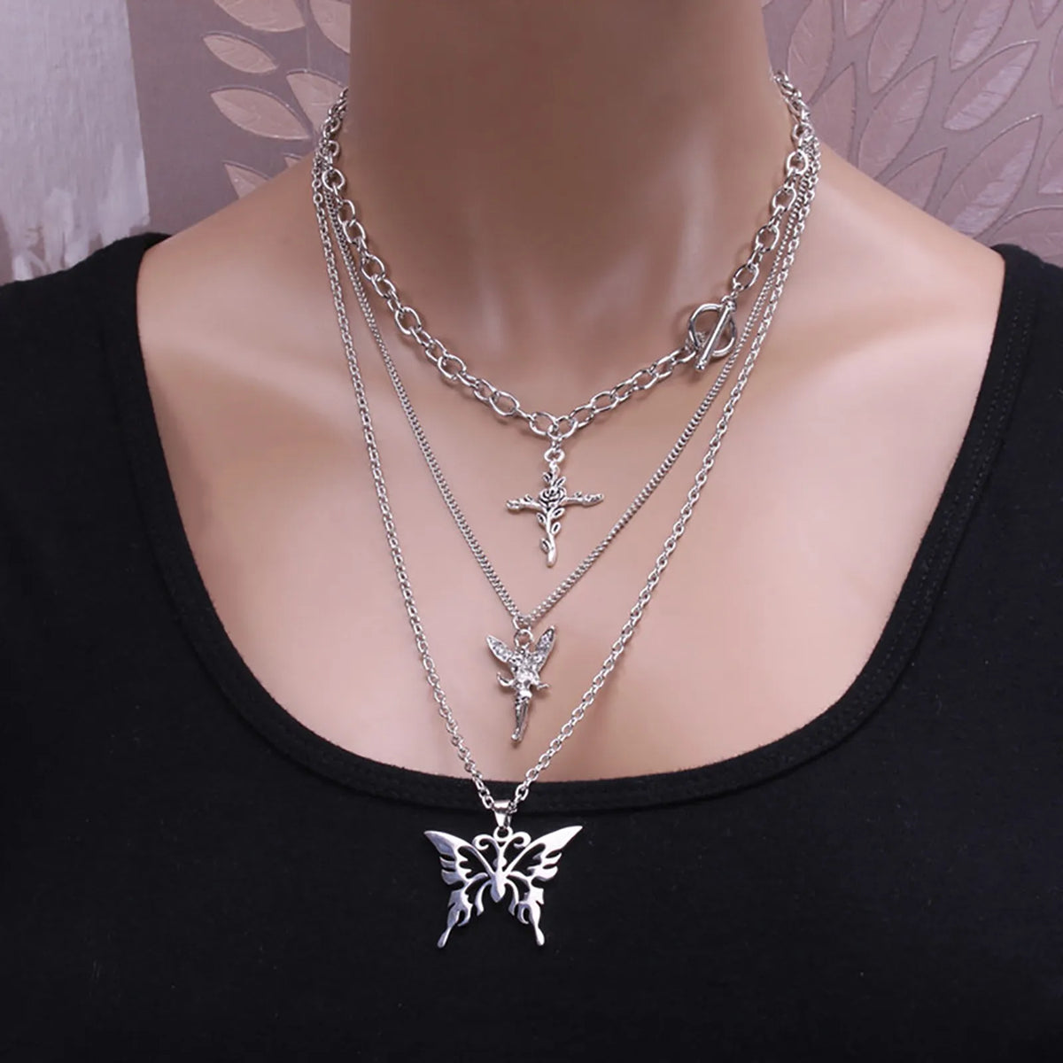 Y2K Layered Butterfly Lock Pendant Necklace Set – Crystal Choker