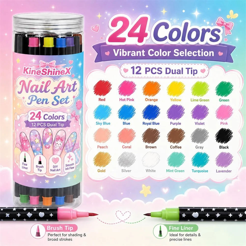 24-Color Dual-Tip Nail Art Pen Set – 12 Fine Liner & Brush Pens