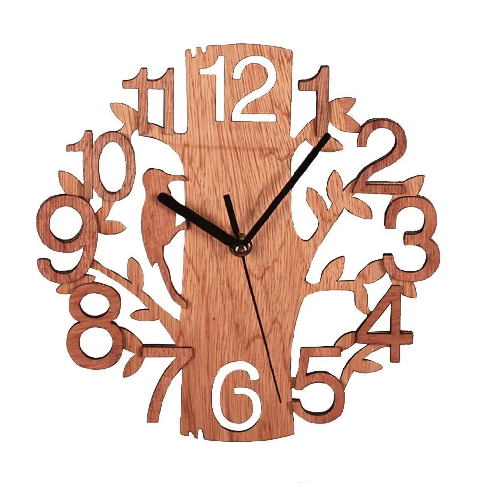 10" Round Wooden Wall Clock – Silent Sweep, Tree & Bird Cutout