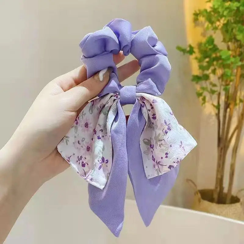 Floral Bow Satin Scrunchie – Ribbon Hair Band for Women