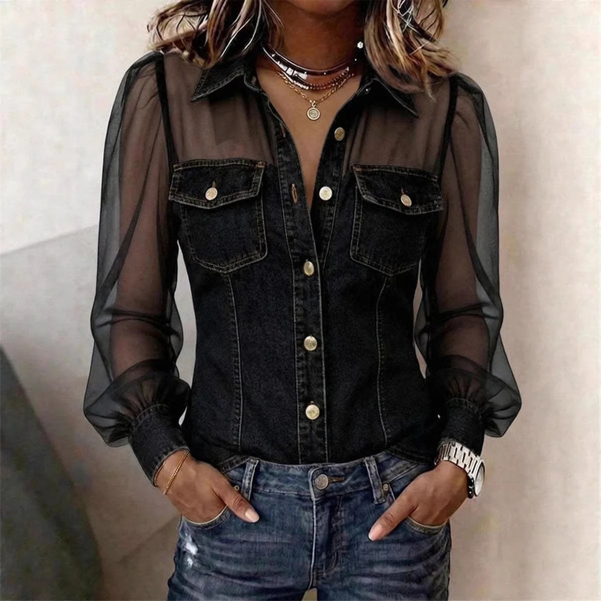 Women's Sheer Sleeve Button-Down Blouse | Elegant Collared Top