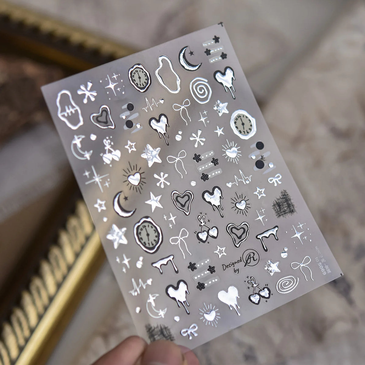 5D Embossed Silver Metallic Nail Art Stickers – Stars & Bows