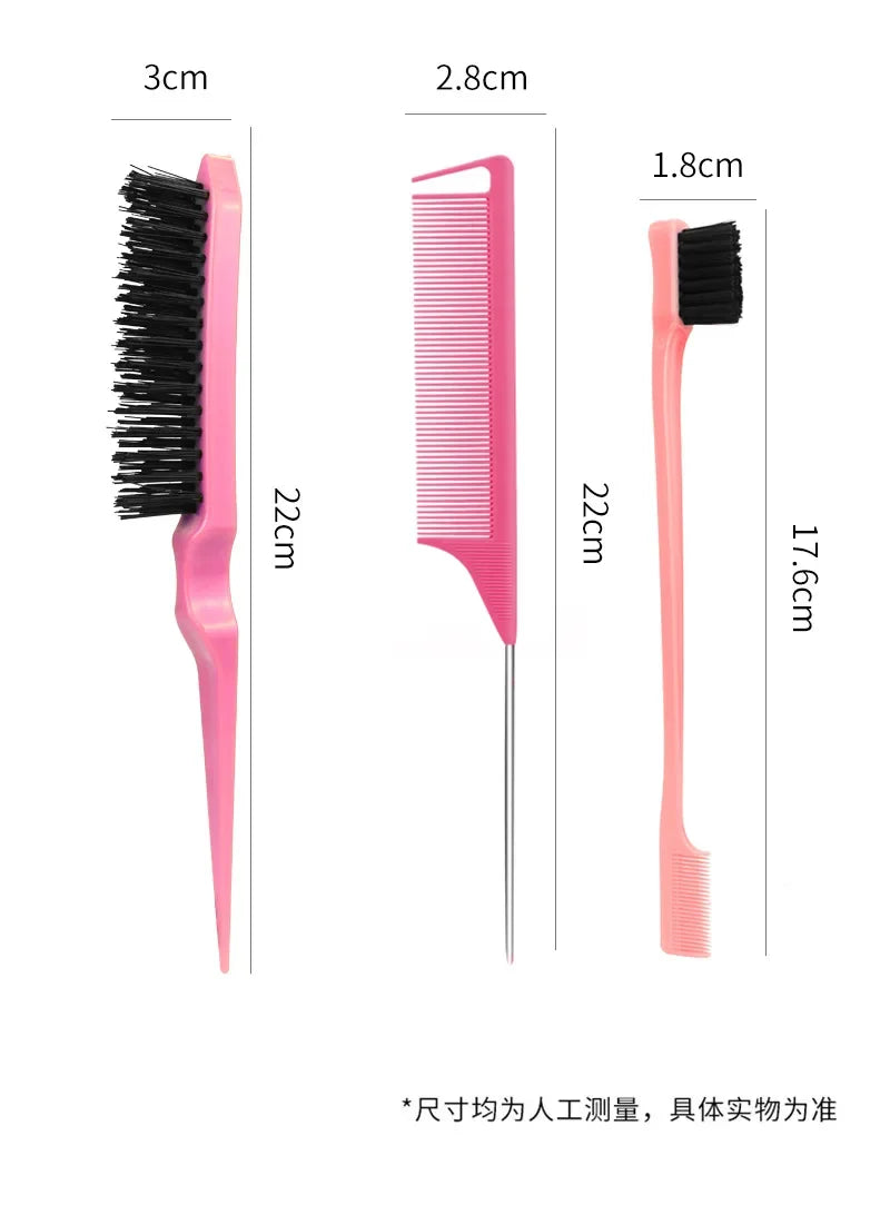 3-Piece Hair Styling Comb Set – Teasing, Rat Tail & Edge Brush