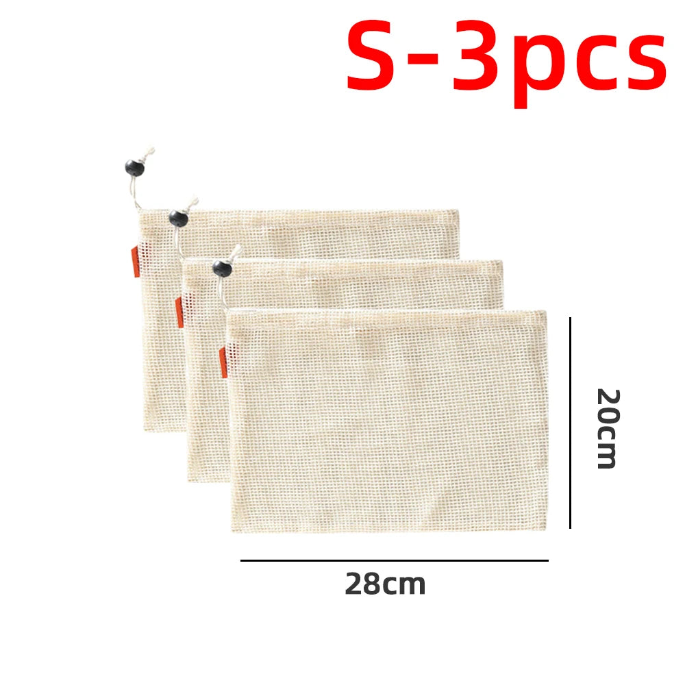 3-Pack Reusable Cotton Mesh Produce Bags with Drawstring