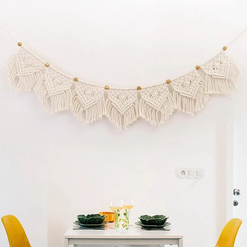 Macrame Fringed Woven Tapestry Wall Hanging – Boho Beige