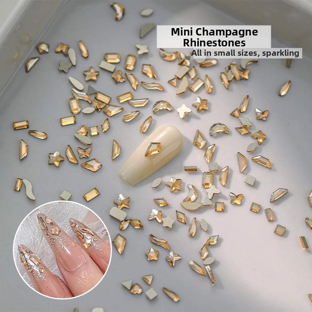 100pcs Champagne Gold Nail Rhinestones – Irregular Crystal Gems Set