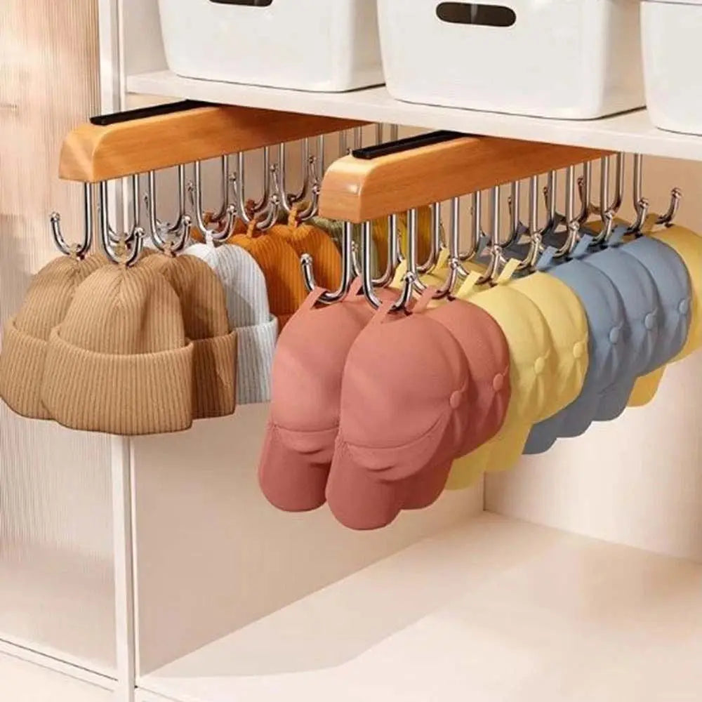 Wood Hat Organizer Rack – 16 Hook Retractable Hanger