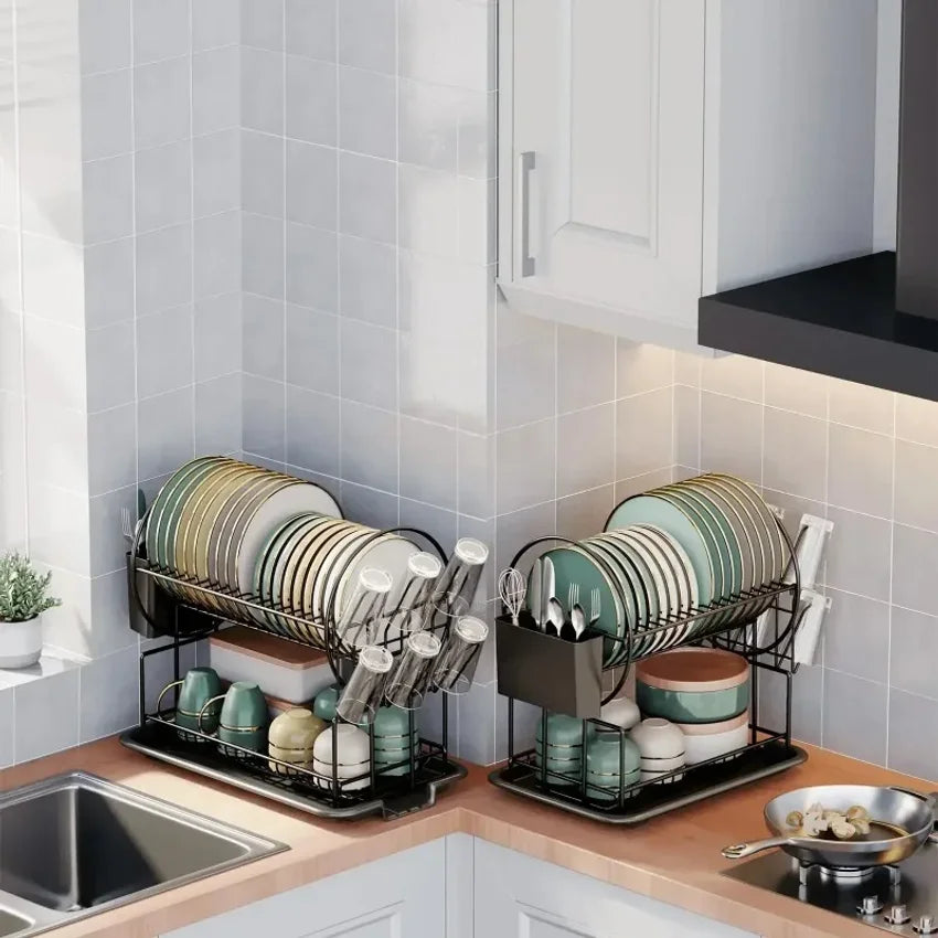 2-Tier Dish Drying Rack with Drain Board & Utensil Holder