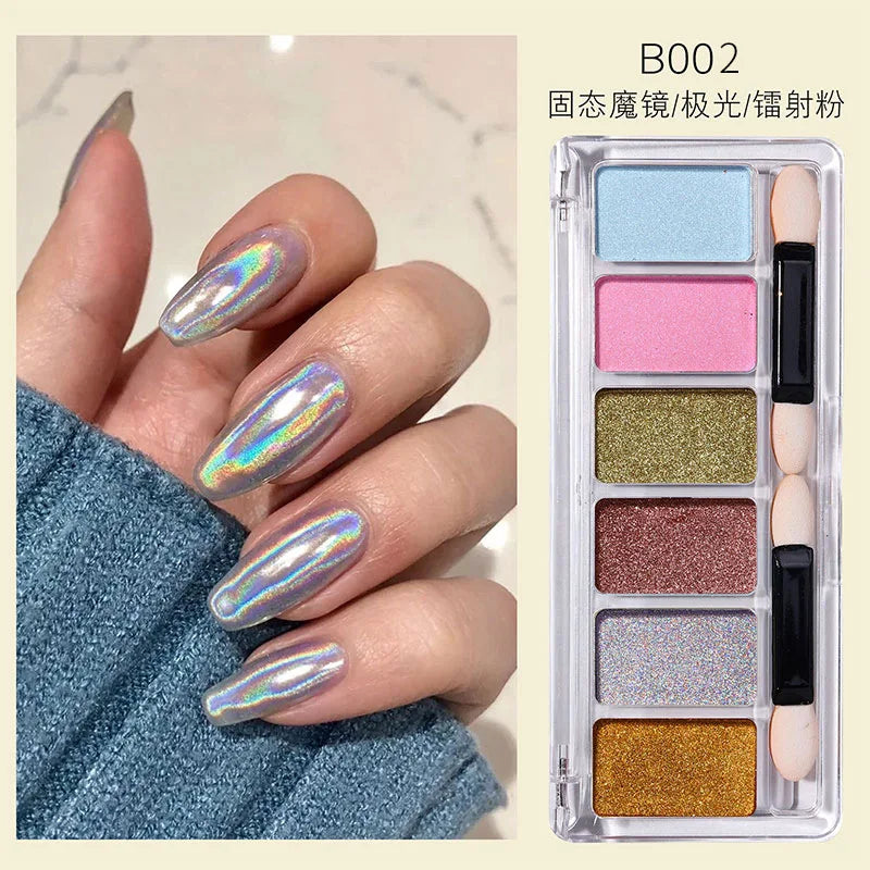 6-Color Solid Mirror Nail Powder – Aurora Holographic Glitter Set