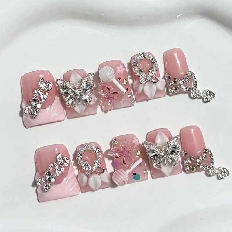 10Pcs French Tip Press-On Nails 3D Butterfly Duck Bill Short False Nails